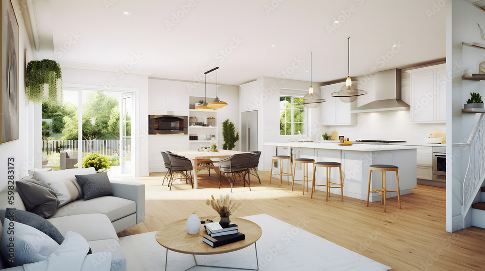 Open plan living room with white kitchen and pantry. Cozy patio with an ...