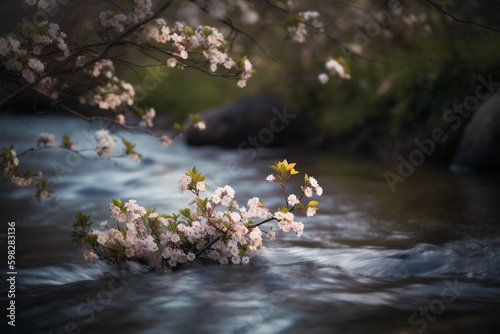 Butterply, cherryblossom, blurred river. AI generative © SANGHYUN