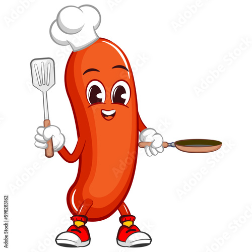 vector mascot character illustration of a sausage to chef with a frying pan and a spatula