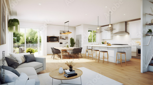 Open plan living room with white kitchen and pantry. Cozy patio with an outdoor fireplace