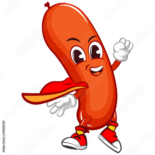 vector mascot character illustration of a flying sausage being a superhero