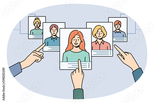 Hands choose digital CV of work candidates or applicants in app. Employer or recruiter make decision on resume of people seek for job. Employment and recruitment. Vector illustration. Generative AI