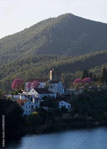 Wonderful landscapes in Portugal. Beautiful scenery of Dornes Templar Tower. It was built by the Knights Templar on the banks of the River Zezere as a watchtower and defensive bastion. Selective focus photo