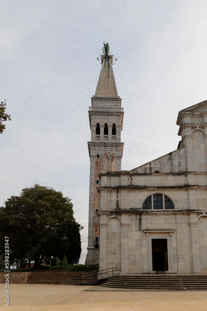 Tower of St. Euphemia Church in Rovinj above the streets of the Old Town