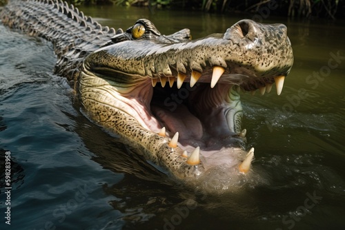 A crocodile in the water with its jaws ope © Dan