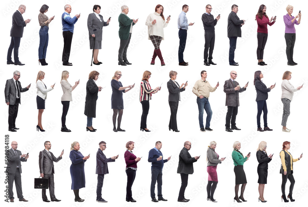 group of people profile holding phone in hand isolated group of people profile holding phone in hand isolated