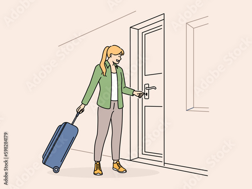 Smiling woman with suitcase open door with key. Happy female tenant or renter with baggage lock doors in house or apartment. Vector illustration.  Generative AI
