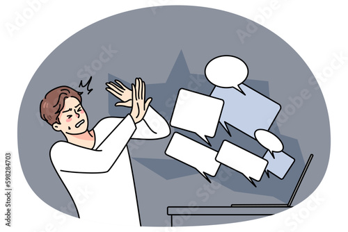 Stressed man overwhelmed with online negative comments and messages on computer. Unhappy guy struggle with hate and bullying on internet. Abuse on social media. Vector illustration. Generative AI