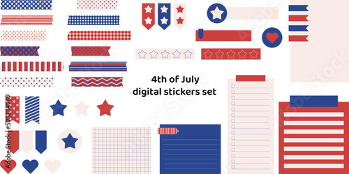 4th of July digital stickers set. Ready to use digital washi tapes, stickers, and note papers for bullet journaling or planning. Conceptual vector art