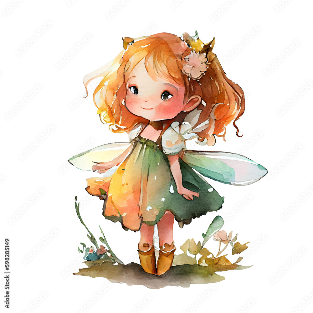 Fototapeta premium Fairy girl watercolor Illustration isolated on white. Generative AI