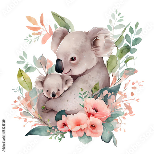 Cute mother koala and baby with pink flowers watercolor Illustration isolated on white. Generative AI photo