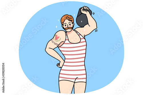 Male circus powerlifter with tattoo wear tricot lift dumbbell show power. Strongman or weightlifter perform stunt with barbell. Powerlifting performance, sport concept. Vector Generative AI