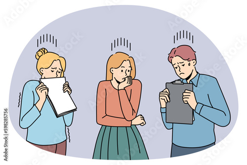 Worried millennial students frightened before exam or test. Anxious young people or colleagues feel terrified nervous of work failure or loss. Fear of business fail. Flat vector Generative AI