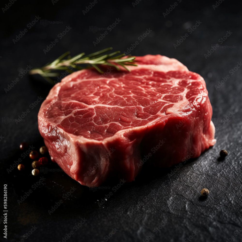 Fresh uncooked beef steak, black background. AI generative