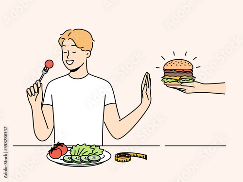 Smiling man sit at table eating healthy food refuse from fastfood. Happy guy enjoy vegetarian dinner say no to tasty hamburger. Diet and nutrition. Vector illustration.  Generative AI