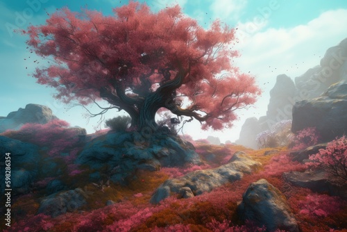 Magic red tree. Generate Ai