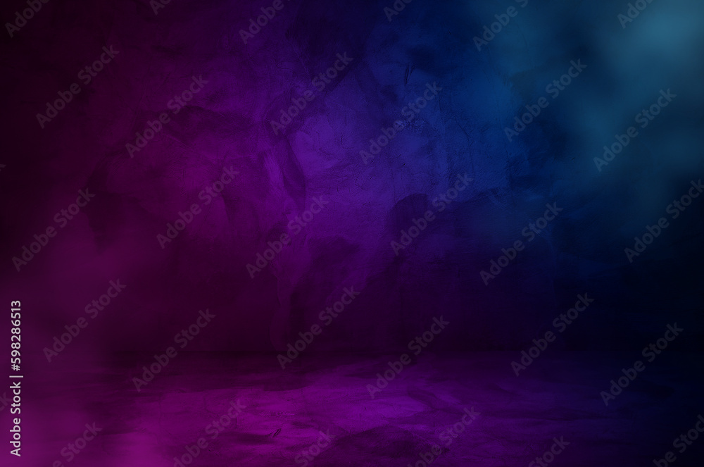 misty black concrete room background with blue, pink light and smoke. neon color plaster stucco wall and floor interior used as product displayed, template for advertising. pedestal or stage backdrop. - obrazy, fototapety, plakaty 