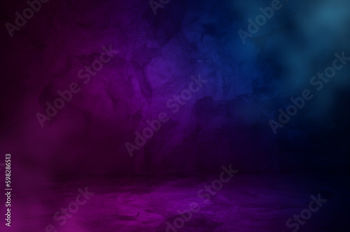 misty black concrete room background with blue, pink light and smoke. neon color plaster stucco wall and floor interior used as product displayed, template for advertising. pedestal or stage backdrop.