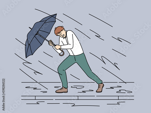 Decisive businessman with umbrella walk against storm and rain. Motivated male employee protect himself from business problems and heavy tasks. Vector illustration.  Generative AI