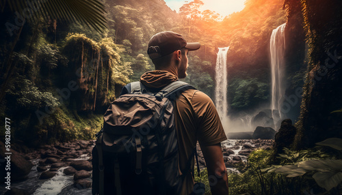 Wallpaper Mural Back view tourist of hiker with backpack walks in tropical waterfall at sunset. Generation AI Torontodigital.ca