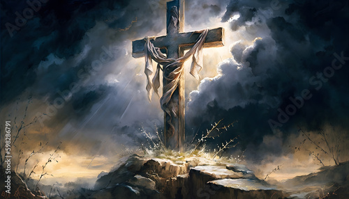 Fotografia Jesus christ crucifix cross, sunrise concept Christmas Catholic religion, happy Easter day sunlight background, Bible gospel sunday