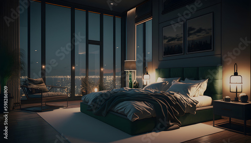 Rich lux dark interior of bedroom for man. Generation AI