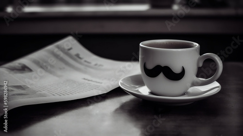 Coffee Mug with a Mustache Print for Father's Day Next to a Newspaper on a Wooden Table . Generative AI