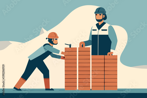 Flat illustration of construction workers laying bricks with precision and safety gear. Vector design of building construction team with tools and trowels for a new site.