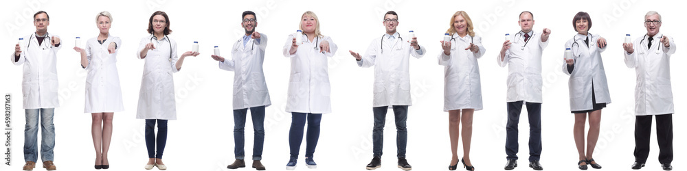 group of doctors holding jar isolated on white group of doctors holding jar isolated on white