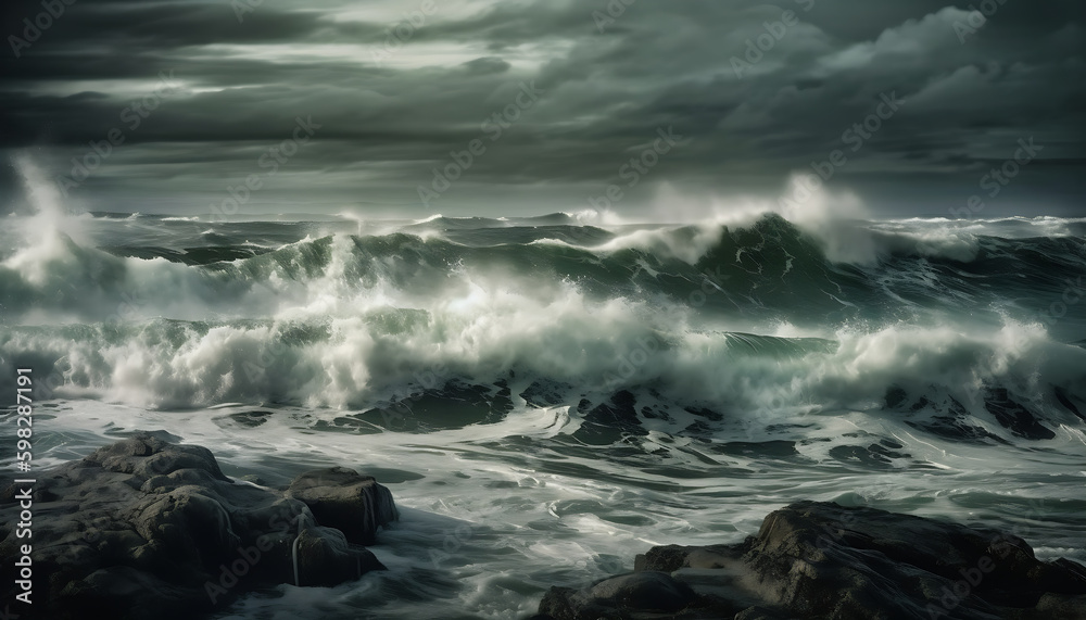 Dark gloomy Stormy ocean with turbulent and dynamic waves hitting rock, dark grey clouds up above, generative ai