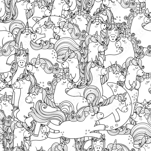 Doodle unicorns black and white seamless pattern. Cute background with funny fairy tale characters for coloring page. Outline background. Vector illustration