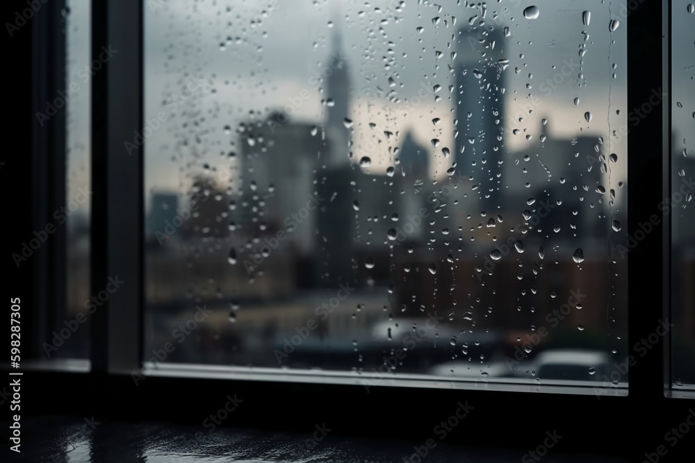 Photography of raindrops on the windows glass in focus with blured city skyline in the background. AI generative