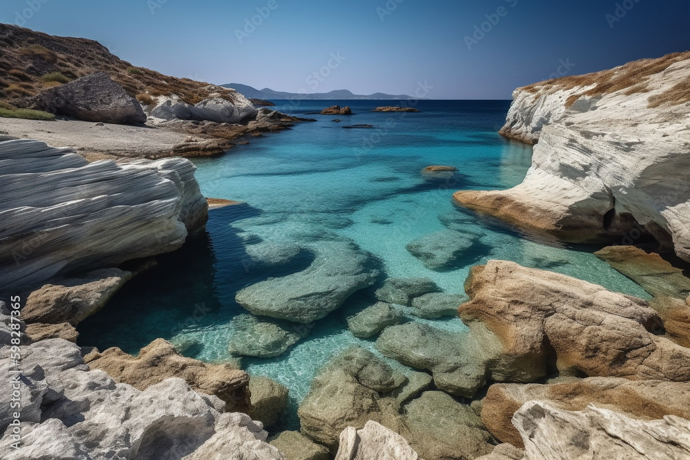 Experience the tranquil beauty of Milos island with its stunning rocky landscape and breathtaking sea views. Ai generated.