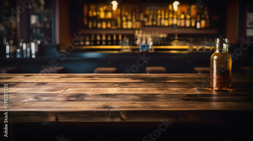 Pub bar counter with wooden table background.