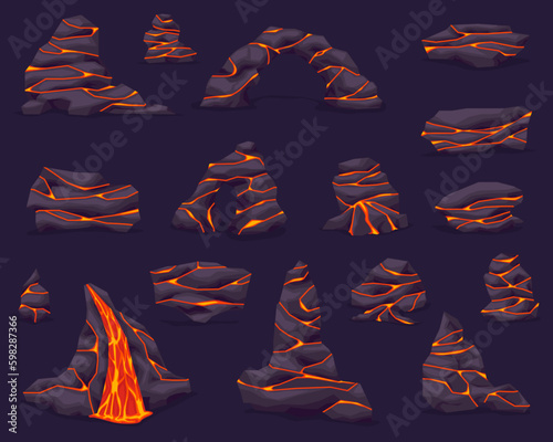 Volcano ground rock stone with lava in cracks. Lava rock with crack. Vector illustration set EPS10.