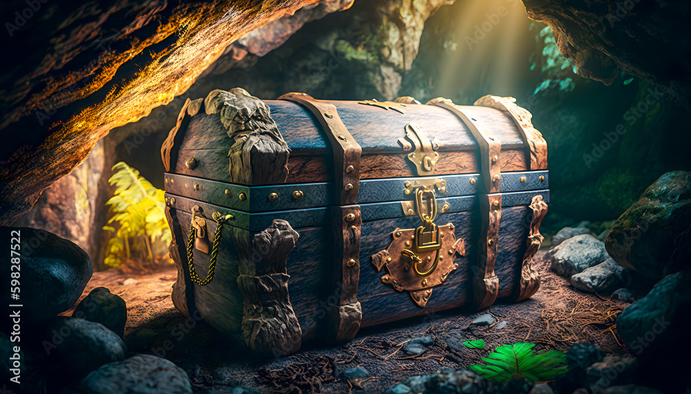 Fototapeta premium Old pirate chest with treasures in cave, golden glow, sunset light. Generation AI