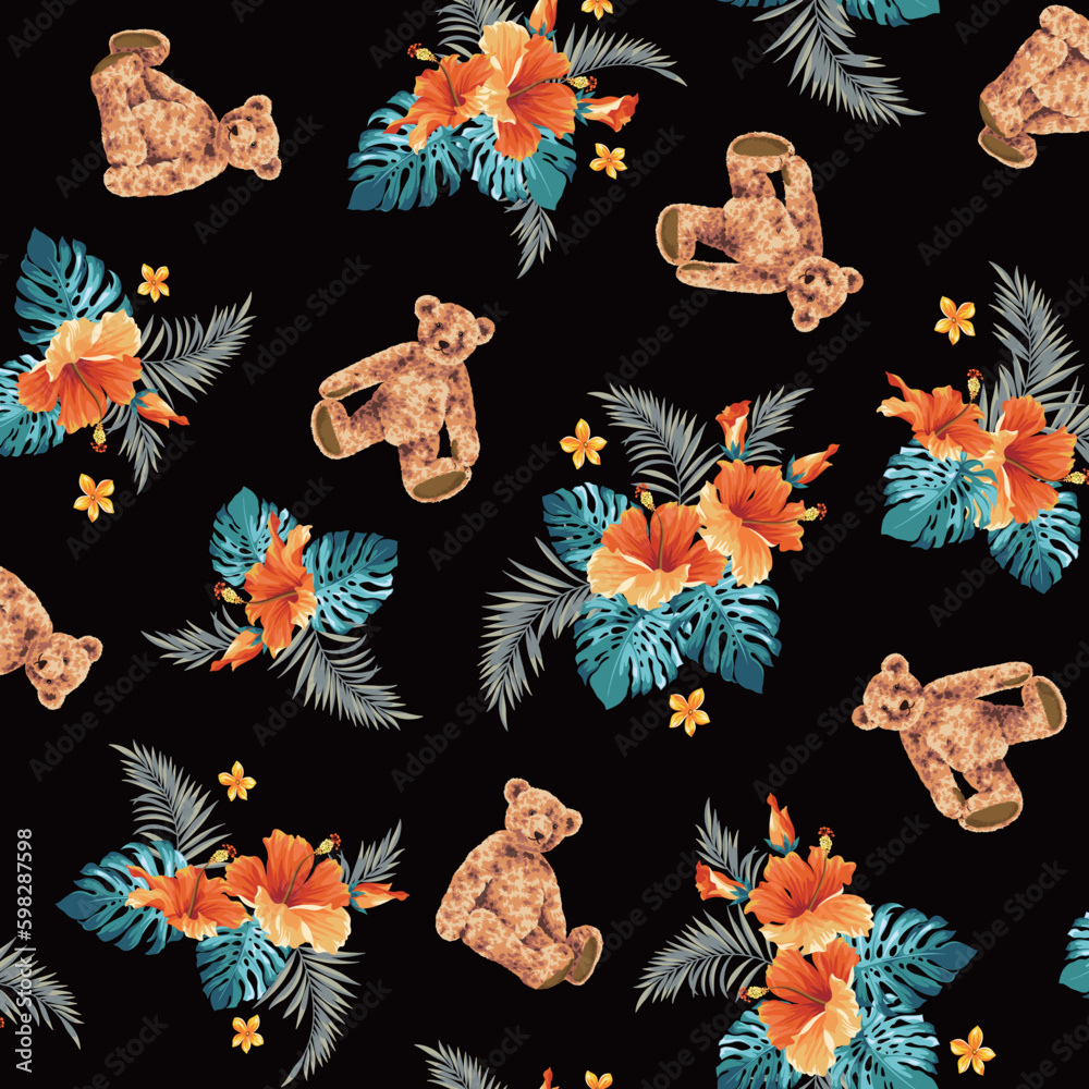Obraz premium Hawaiian shirt pattern using cute bear and hibiscus,