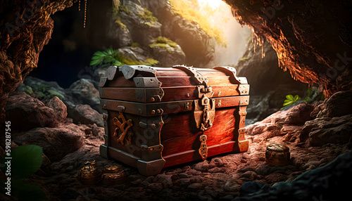 Old pirate chest with treasures in cave, golden glow, sunset light. Generation AI