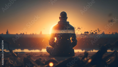 Yoga silhouette of human in cosmic space meditate with sun light. Back view man practicing meditation. Generation AI