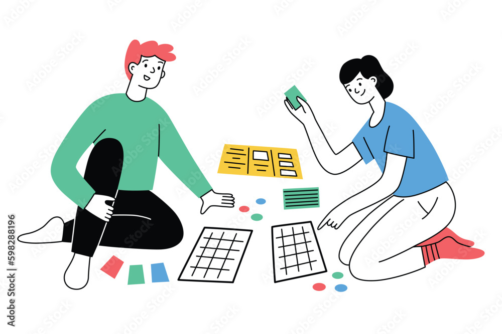 Man and woman playing board game. Tabletop game for couple . Cartoon characters sitting on floor, playing with cards and tiles. Leisure activity and hobby for happy relationship. Hand drawn vector com Man and woman playing board game. Tabletop game for couple . Cartoon characters sitting on floor, playing with cards and tiles. Leisure activity and hobby for happy relationship. Hand drawn vector com