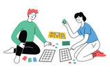 Man and woman playing board game. Tabletop game for couple . Cartoon characters sitting on floor, playing with cards and tiles. Leisure activity and hobby for happy relationship. Hand drawn vector com