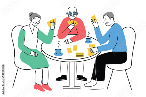 Senior people playing board game with cards. Cartoon characters around the table drinking coffee and talking. Leisure activity and hobby in retirement home, club for elderly friends. Hand drawn compos