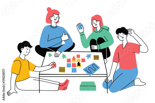 Family playing board game hand drawn composition. Parents and children having fun together. Leisure activity and hobby at home. Doodle icons of tabletop game, tiles and mascots. Vector illustration