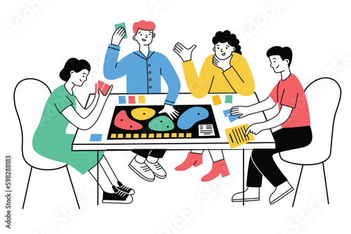 Friends playing board game. Hand drawn colored composition of tabletop game. Cooperative eurogame, strategy. Vector illustrations of male and female characters having fun. Leisure activity for family