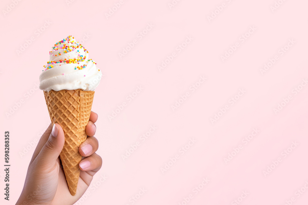 Hand holding delicious sprinkles ice cream in a crispy waffle cone with copy space. Created with Generative AI Technology