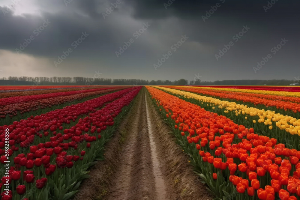 A picturesque view of colorful tulips in the Netherlands. Ai generated. A picturesque view of colorful tulips in the Netherlands. Ai generated.