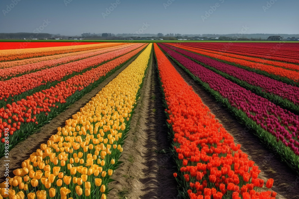 A picturesque view of colorful tulips in the Netherlands. Ai generated.