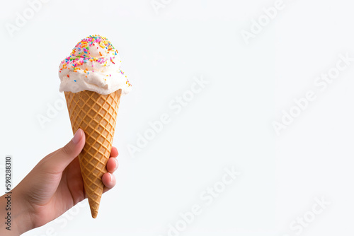 Hand holding delicious sprinkles ice cream in a crispy waffle cone with copy space. Created with Generative AI Technology
