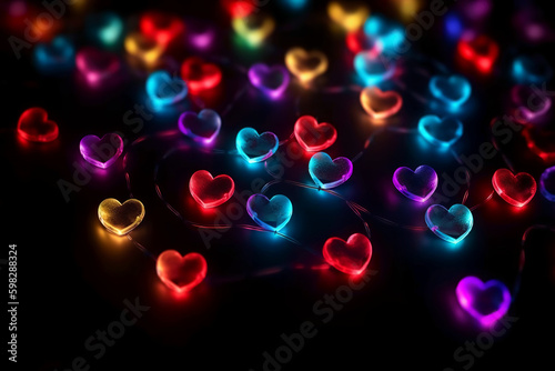 Valentine day background. Love light. Romantic ornament. Yellow round led string neon red blue color blur heart glow festive pattern on defocused dark. AI generative