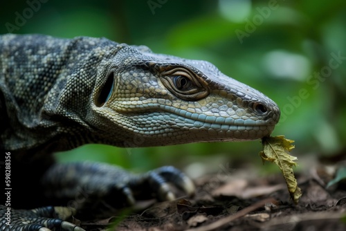 A monitor lizard with a bug in its mout
